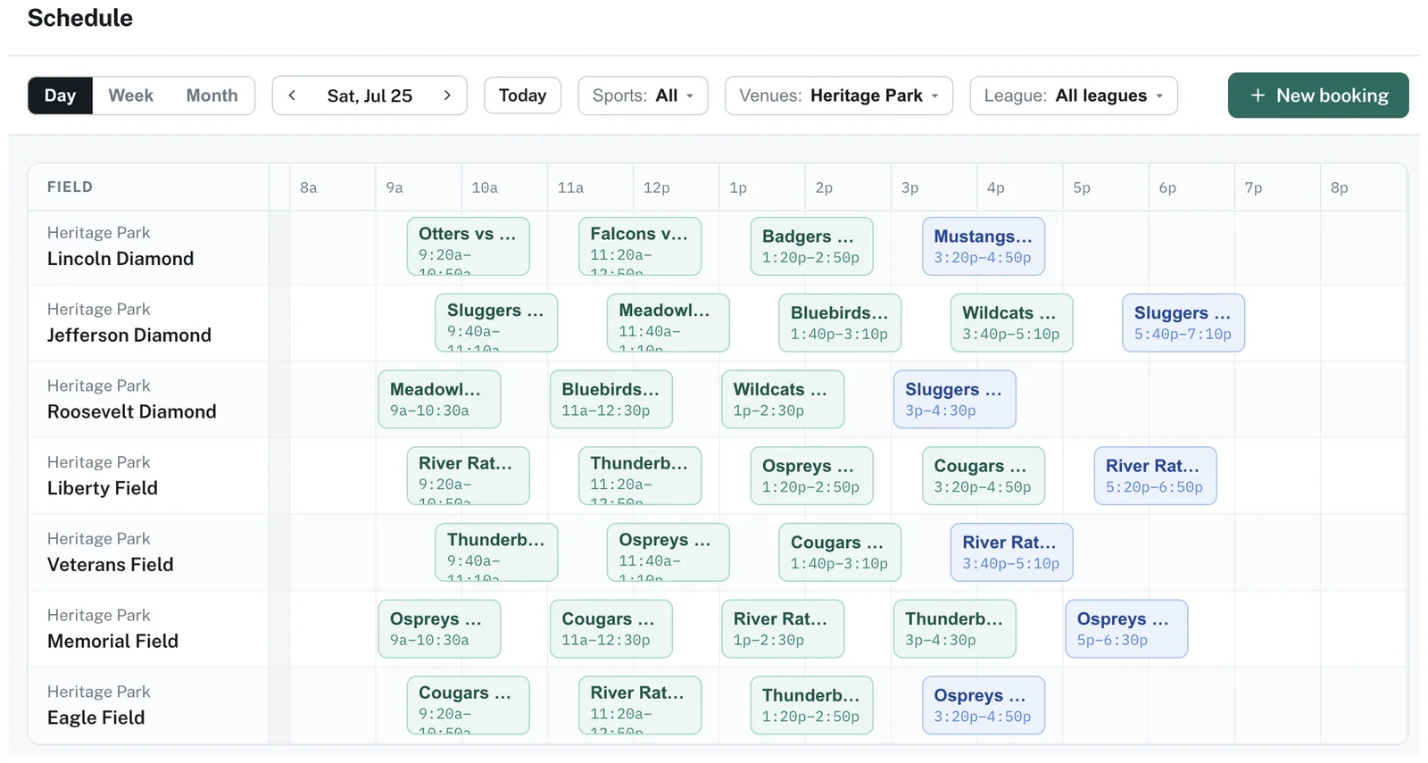 Rosterade's day schedule for a park, showing games and practices booked across several fields on a timeline.
