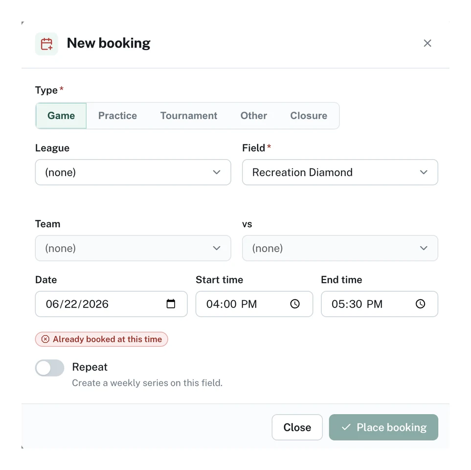 Rosterade's new-booking dialog flagging that the selected field is already booked at the chosen time, before the booking is placed.
